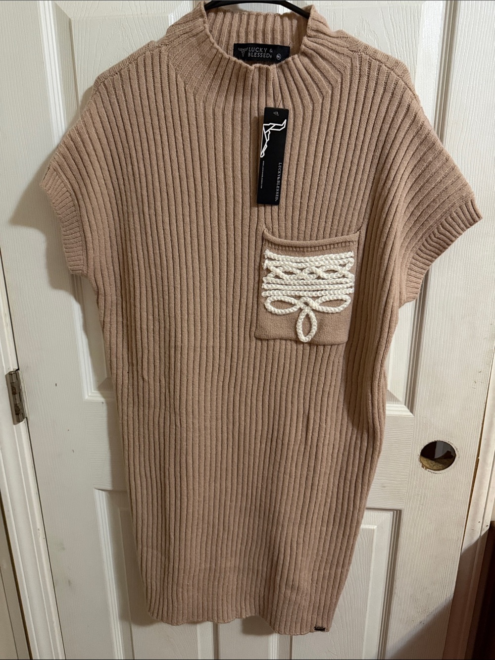 Lucky & Blessed Tan Ribbed Midi Dress with Cream Rope Pocket